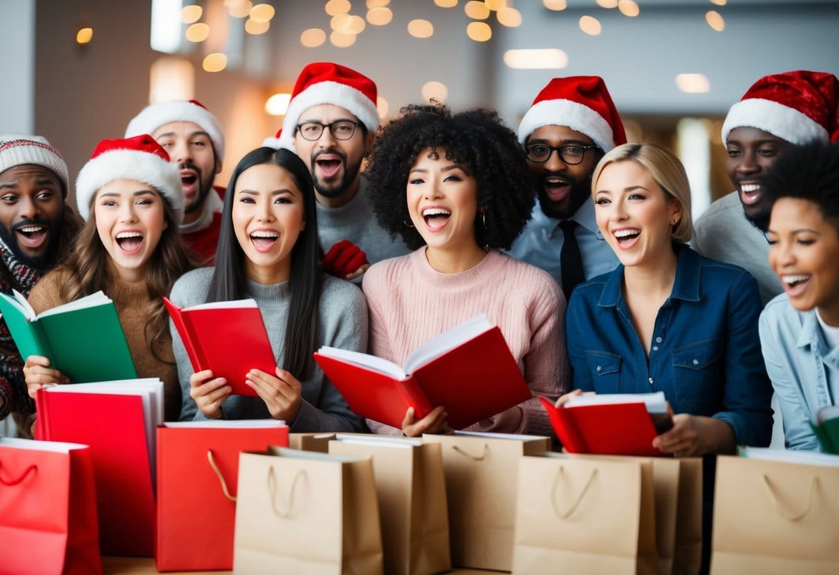 En gruppe mennesker køber ivrigt nye julesangbøger under Black Week og glæder sig over at spare penge